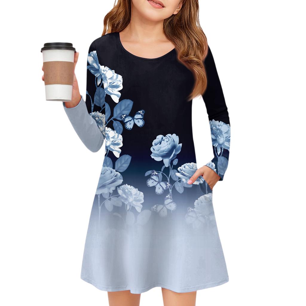 Girls' Long Sleeve Dress - Color Pocket Dress