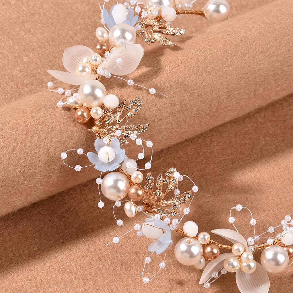 Bridal Handmade Luxurious Headband Knitting Gold Leaves Flower Pearls Gown Hair Vines for Bridesmaid Wedding Party Balls
