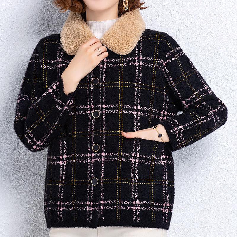 Winter Short Thickened Coat with Turn-Collar Plaid Shawl and Woolen Outerwear