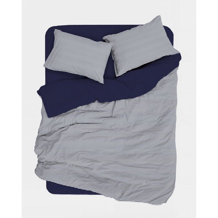 Parure de lit - 1 housse de couette 140 x 200 cm + 1 taie d'oreiller 60 x 60 cm - 100% coton renforcé - Rayures Bleu foncé