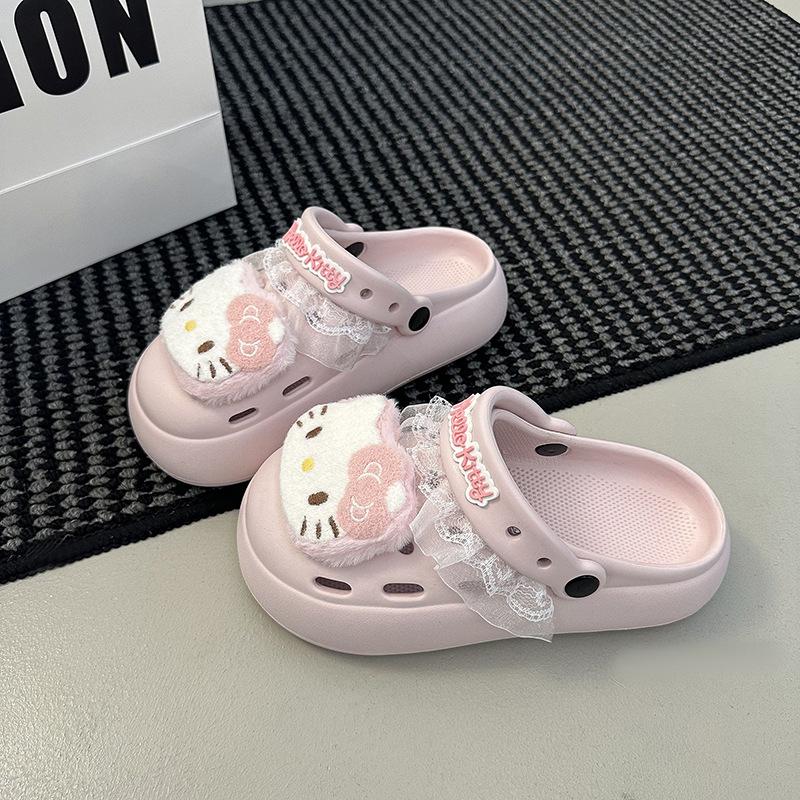 2025 Spring and Summer Bow Kitten Thick-soled Heightening Hole Shoes Women's Wear Non-slip Soft-soled Cool Slippers Tide