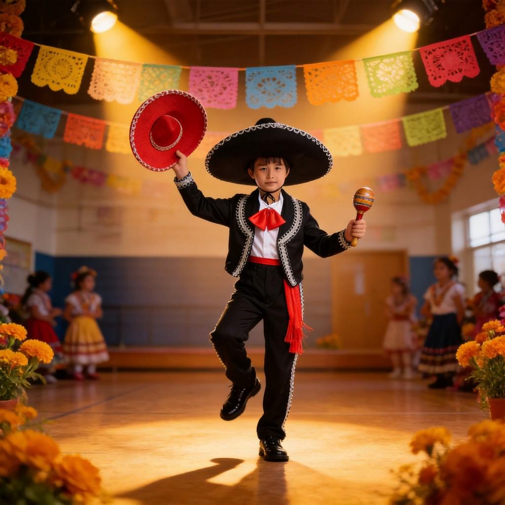 Ethnic Mexican Childrens Dance Attire With Printed Design And Long Sleeve For Stage Use