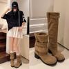 Модные коричневые ботфорты на толстом каблуке для женщин, новинка осени 2025 года, плиссированные сапоги-чулки, ковбойские сапоги в западном стиле, рыцарские сапоги