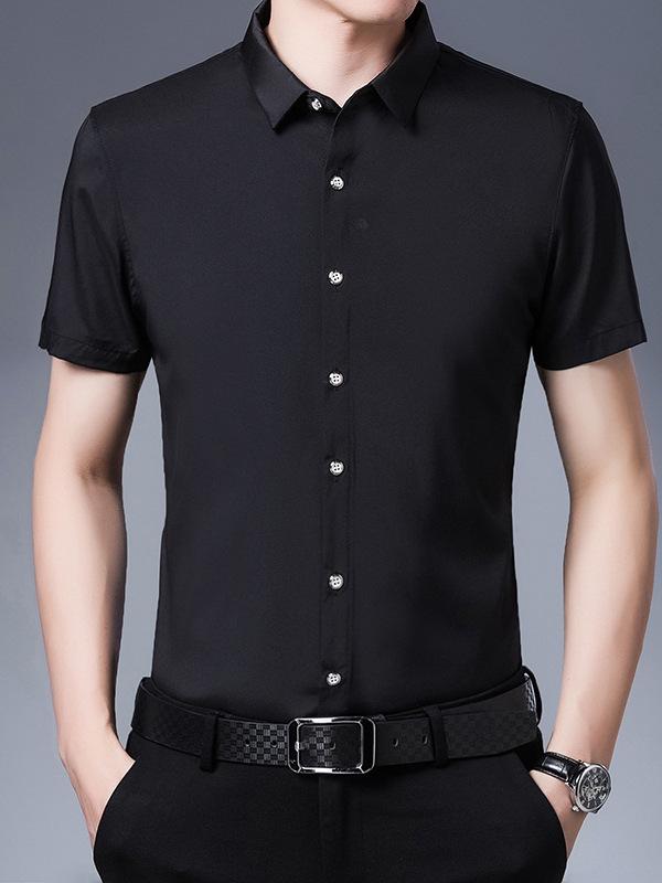Men's Summer Solid Color Short-Sleeve Turn-Down Collar Shirt - Casual and Workwear Top