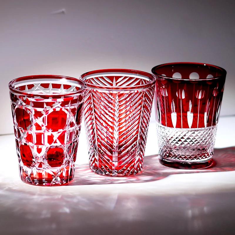Red Handmade Highball Glass - Modern Cut Crystal Cocktail Tumbler - Art Glass for Whiskey, Iced Tea, Juice - 300ml