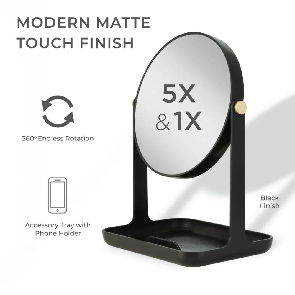 5X 1X Зеркало для макияжа с двойным увеличением, с подставкой для аксессуаров, держателем для телефона, вращением на 360 градусов, кристально чистым отражением, для туалетного столика