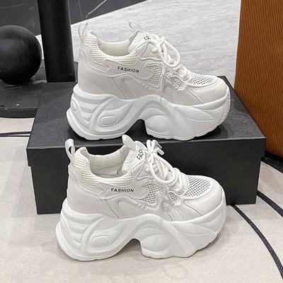 Мода 8,5 см Женские Летние Полые Дышащие Сетчатые Массивные Кроссовки Микрофибра Кожа Удобные Повседневные Папины Кроссовки Женские Платформенные Спортивные Кроссовки