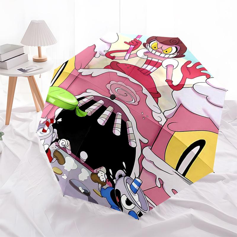 1pc Pink Panther & Cuphead Outdoor Umbrella - Automatic Opening/Closing, Portable 3-Fold Design with 8-Bone Iron Frame - Perfect Gift for Fans, Travel
