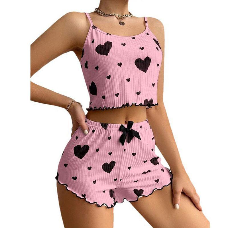 Women's Pajamas Set Sleepwear 2 PCS Short Tank Tops and Shorts White Ventilate Soft Casual Love Printing