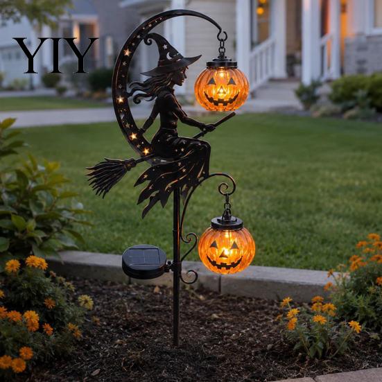 Outdoor Metal Pumpkin Decor Halloween Solar Garden Stake Light, Witch Moon Lantern, Glowing Props IP44 Waterproof for Pathway Yard Patio Lighted Signs