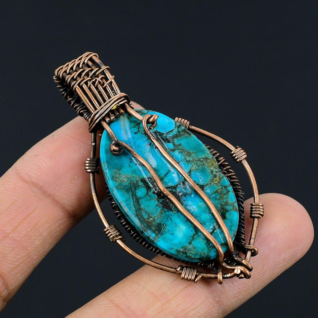 Tibetan Turquoise Pendant, 999 Copper Wire Wrapped Gemstone Jewelry, Handmade Pendant, For Thanksgiving