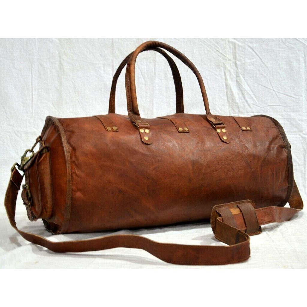 New Hide Leather Goat Travel Men Gym Bag Genuine Luggage Duffel Vintage Brown