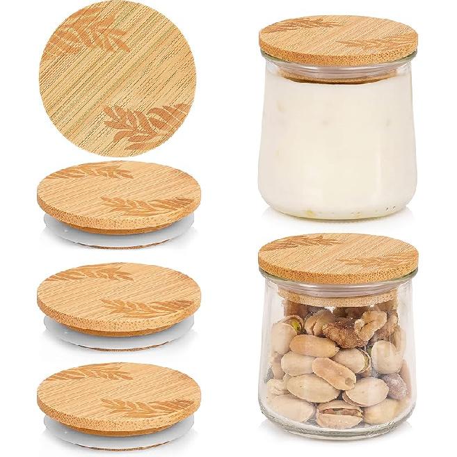 Oui Yogurt Jar Lids, Oui Yogurt Bamboo Jar Lids Set, Wooden Lids for Oui Yogurt Jars, Oui Yogurt Jars Lids with Silicone Sealing Rings, Cookie Glass
