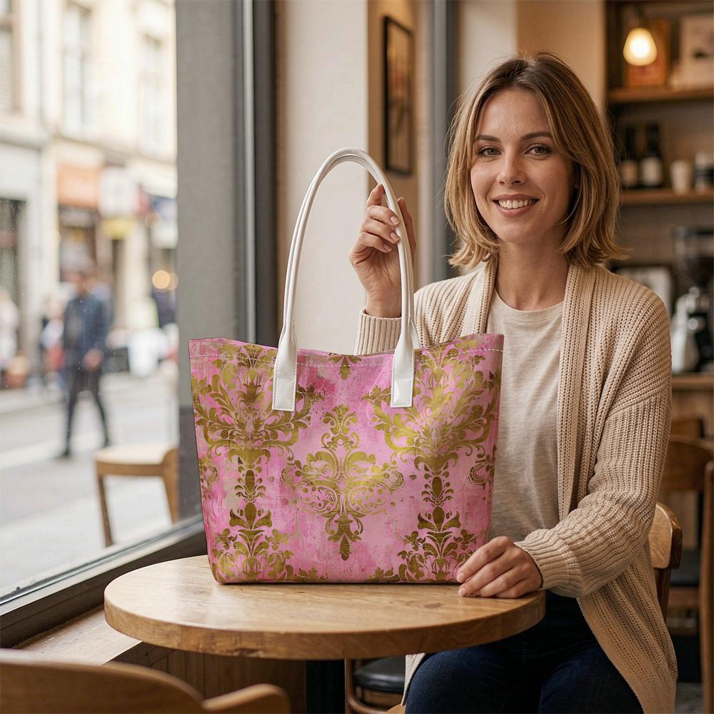 Vintage Pink Gold Pattern Tote Bag Stylish Casual Daily Carry Bag for Women