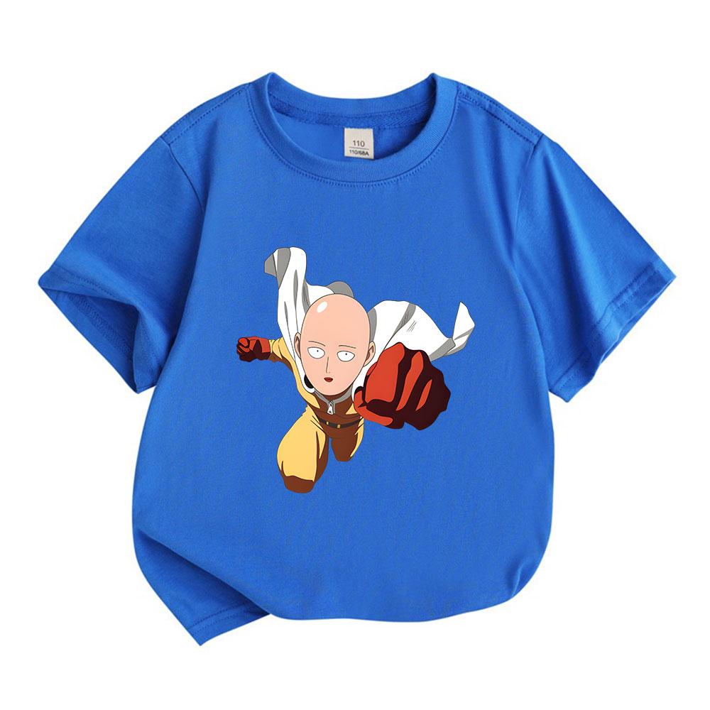 Kids Boys Girls 100% Cotton Crew Neck Short Sleeve T-Shirt, Cute Anime Bald Hero Print Casual Comfortable Tee for Daily Wear Outdoor Activity