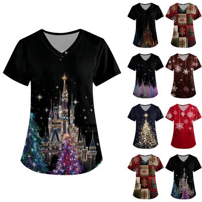 Женская рабочая униформа с принтом, V-образный вырез, карманы, базовый короткий рукав, пуловер, топ