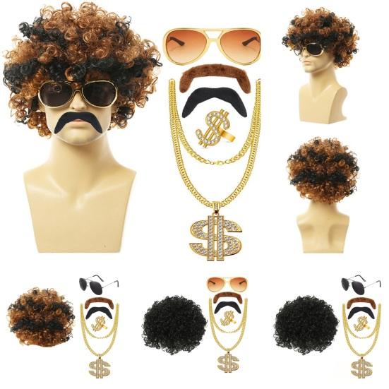 Wig Dress Up Set Necklace Ring Sunglasses Fake Moustache Vintage 80s Cosplay Party Disco Costume Photo Prop Performance Curly Wig