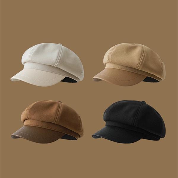 Retro Fashion Breathable Octagonal Hat Leather Brim Woolen Newsboy Hat Autumn and Winter Protective Warm Hat Children's Sweet