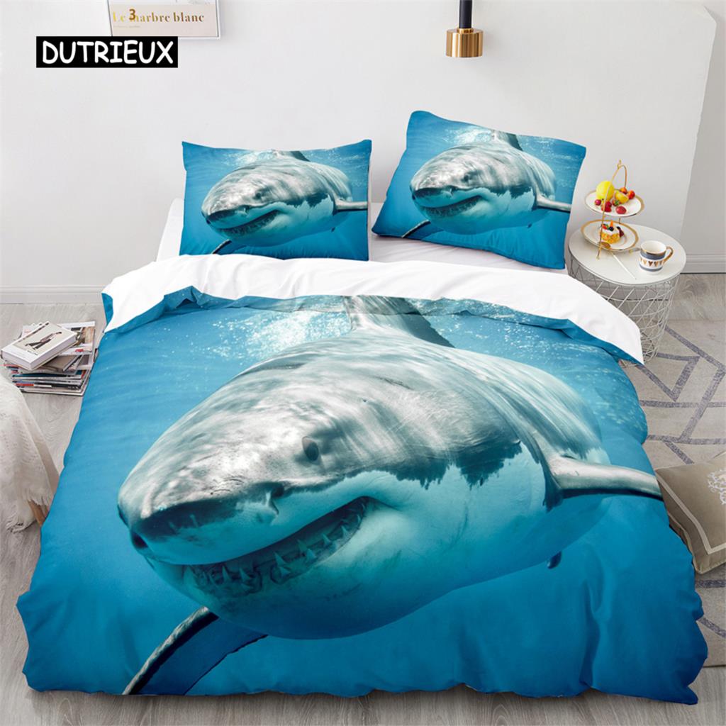 3D Shark Fish Duvet Cover Beach Ferocious Shark Theme Bedding Set Ocean Sea Comforter Cover for Kids Women Men Room Decorations