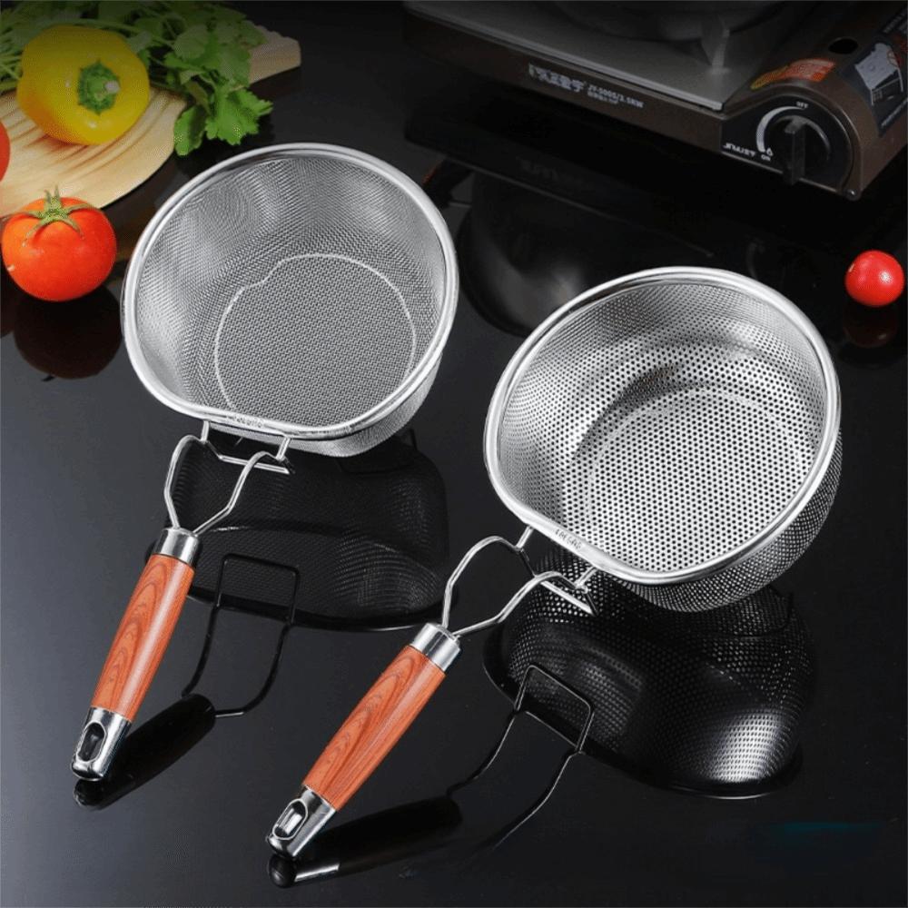 Fine Mesh 304 Stainless Steel Skimmer Wood Grain Wood Kitchen Strainer Basket Kitchen Sieve Hotpot