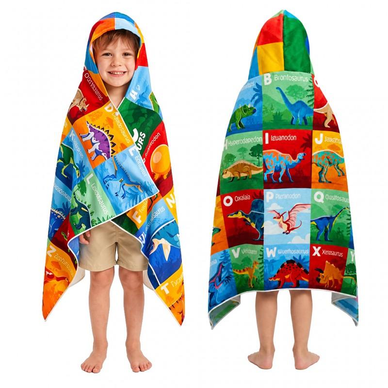 Kids Dinosaur Print Hooded Beach Towel Quick Dry Microfiber Bath Swimming Pool Shower