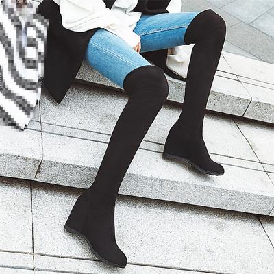 Модные женские ботфорты выше колена, каблуки, увеличивающие рост, облегающие длинные сапоги, черные, коричневые, винно-красные, флоковые, женская зимняя обувь, большие размеры 33-44