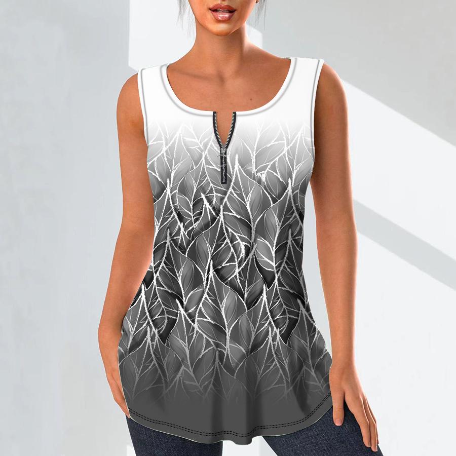 Women's Fashion V Neck Shirts Casual Tops T-shirt Ladies 3D Stacked Leaves Print Vest Plus Size Sleeveless Blouse Tank Tops