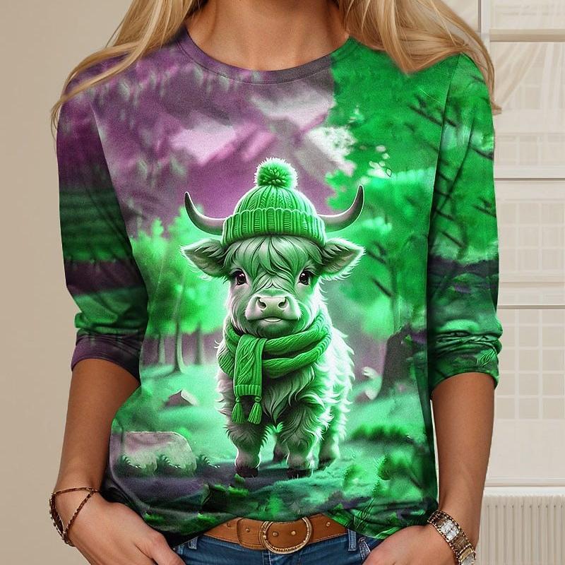 Spring and Autumn Round Neck Animal Highland Cow Graphic 3D Printed Top Fashionable Casual Long Sleeved Women's T-shirts