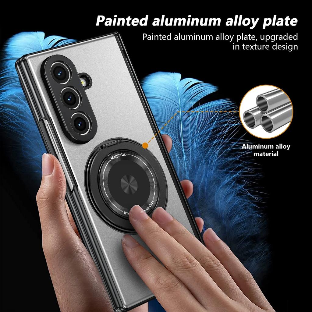 360°Alloy Magnetic Holder Hinged Phone Case For Samsung Galaxy Z Fold 7 6 5 4 3 Magsafe Wireless Charger Camera Shockproof Cover