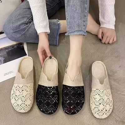 Дышащая и универсальная обувь 2025 летние тапочки женские с открытым носком полусетчатые ленивые туфли новые сандалии на плоской подошве уличные трендовые