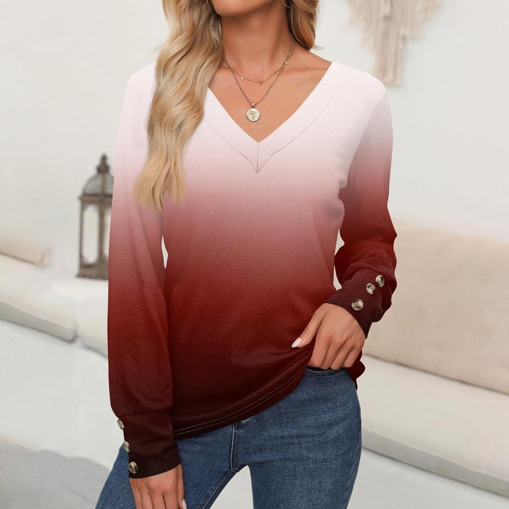 Women's Tops Gradient Printed Long Sleeve Shirt V Neck Casual Loose T-Shirt Autumn Clothing