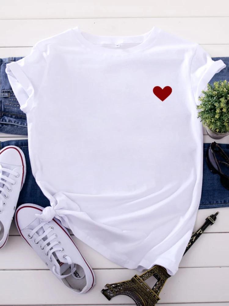 На груди маленькая красная сердечко принт футболка женская короткий рукав O-образный вырез свободная футболка летняя женская футболка топы Camisetas Mujer