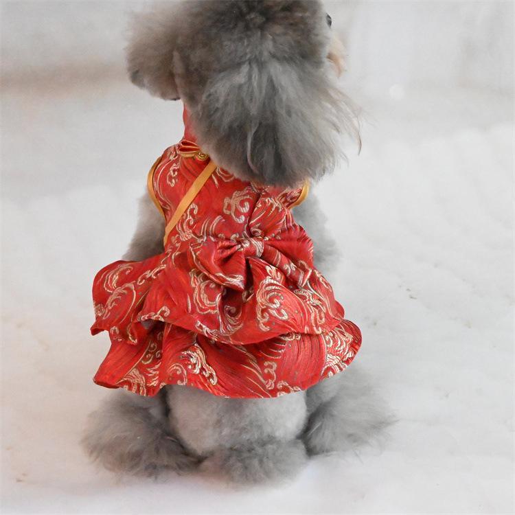 New Chinese Style Tang Clothing Pet Clothes 2025 New Fashion Red Print Princess Dress For Small Medium Dog Teddy Puppy Dog Skirt