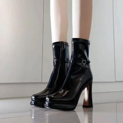 Модные черные лакированные сапоги на высоком каблуке с боковой молнией для похудения, с квадратным носком и одной пуговицей, сексуальные, 2025 новинка