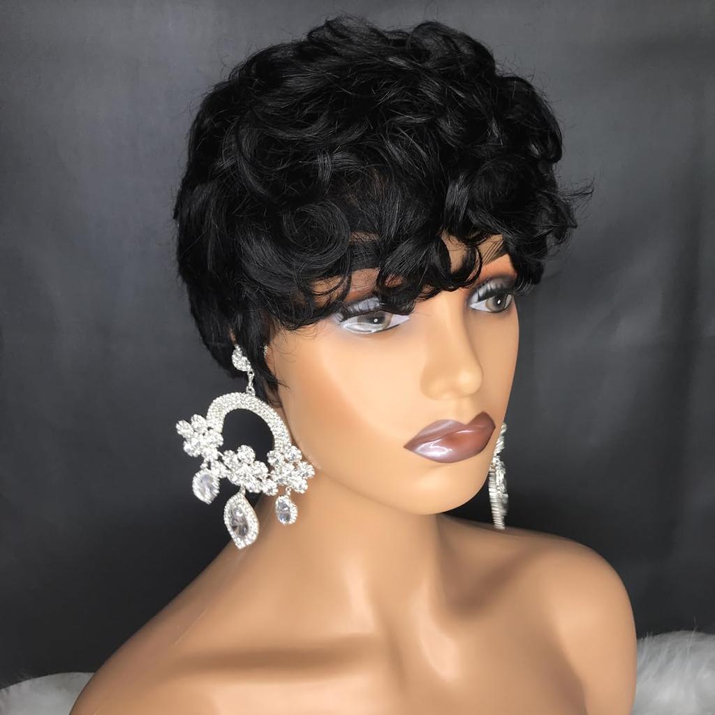 Short Pixie Wigs For Black Women Short Black Curly Pixie Wigs Synthetic Hair Wigs For Black Women Natural Wavy Black Pixie Cut W