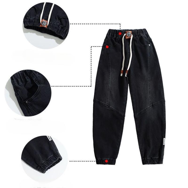 Джинсы для мальчиков весна-осень, черные, детские, свободные, повседневные, модные, спортивные брюки на шнурке