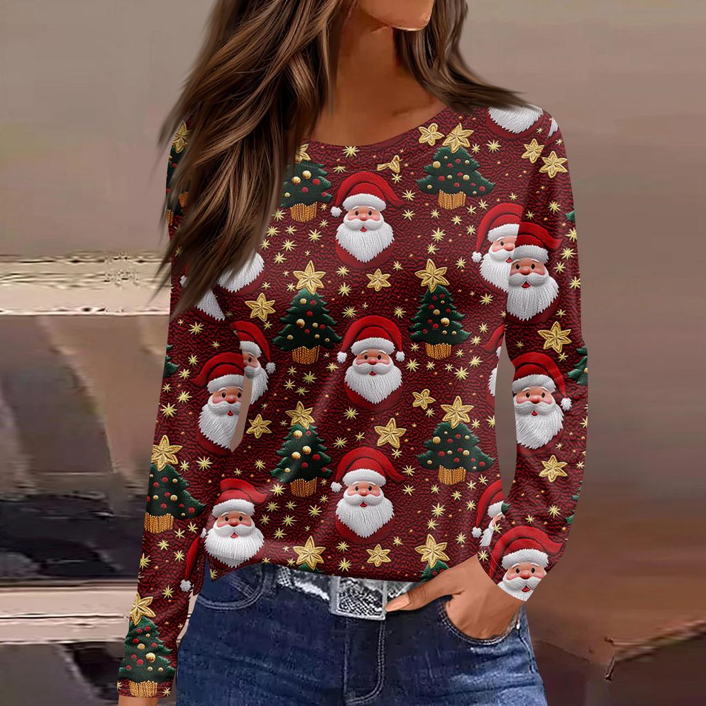 Женская модная повседневная свободная футболка с разрезом и круглым вырезом с длинным рукавом с принтом, женский топ