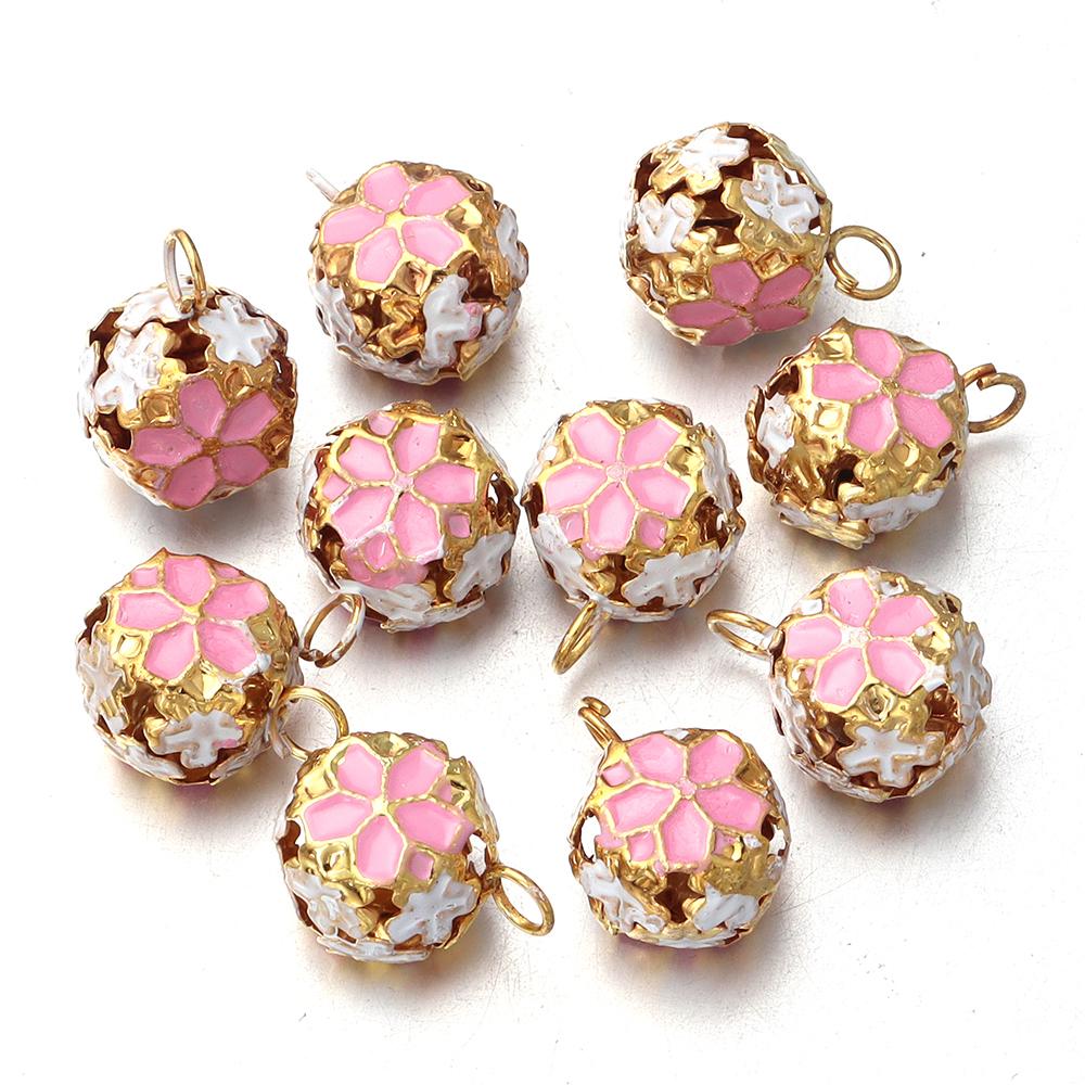 10Pcs/lot 14mm Hollow Enamel Flower Bell Charms Pendants Colorful Jingle Bell For Jewelry Making DIY Bracelet Necklace Keychain