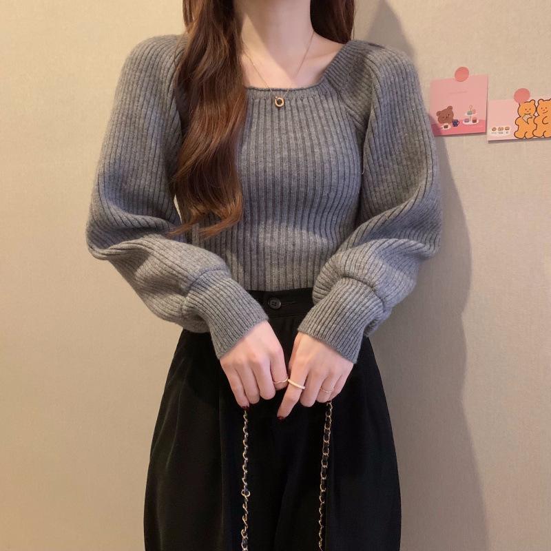 Высококачественный свитер с пышными рукавами и квадратным вырезом - Осенне-зимний приталенный универсальный топ