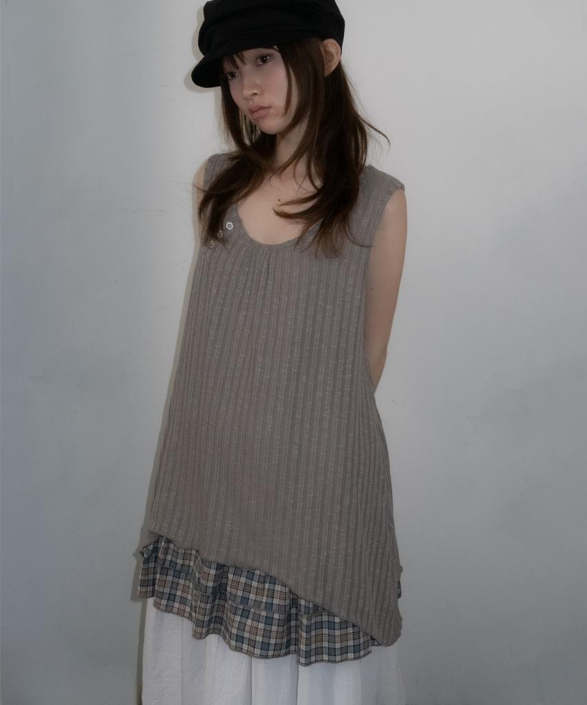 Some Place Check Layered Flower Snap Point Shirred Sleeveless Mini Flare Dress [Beige]