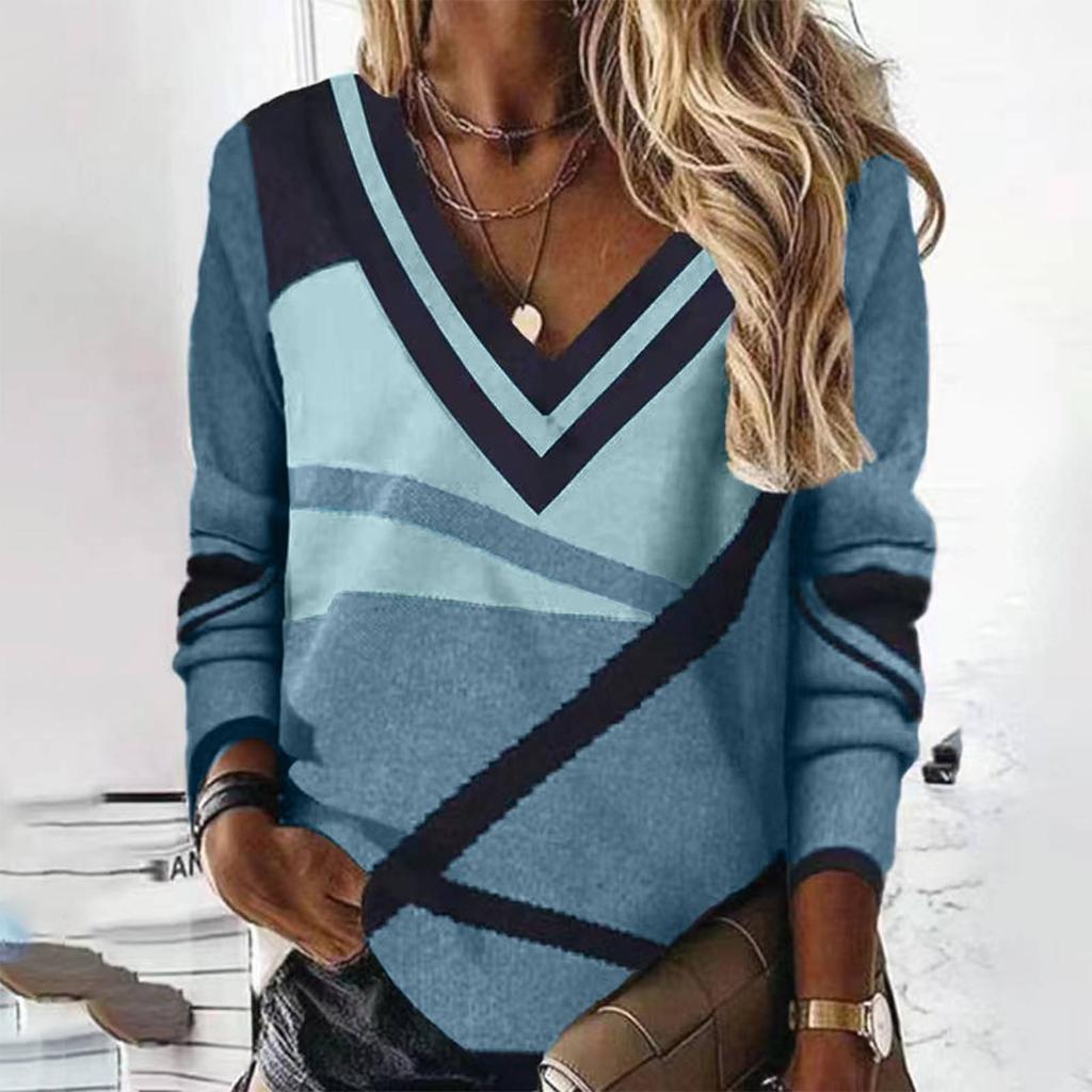Женская мода, повседневный, темпераментный, новый, с v-образным вырезом, контрастного цвета, с геометрическим принтом, темпераментный, свободный топ с длинными рукавами
