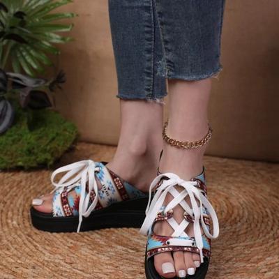 Мода 2024 года, горячая распродажа женской обуви, римские женские тапочки, летние повседневные тапочки на платформе, женские разноцветные туфли на танкетке с перекрестными шнурками