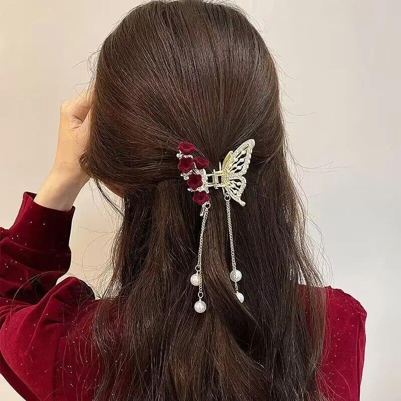 Винтажные бархатные когти для волос с красной розой для женщин, роскошные металлические зажимы, заколки для волос, заколки для волос, новые аксессуары для волос со стразами, головные уборы