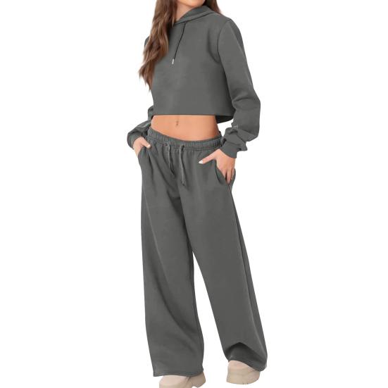 Женские костюмы-двойки, укороченные худи с длинными рукавами, спортивные костюмы, повседневные свитшоты-пуловеры и длинные брюки