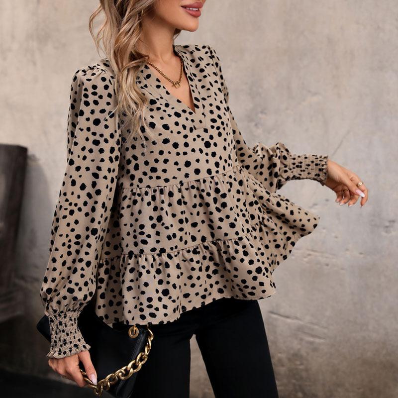 Women Fashion Long Sleeve V Neck Ruffles Leopard Printed Pullover Shirt Blouse Top