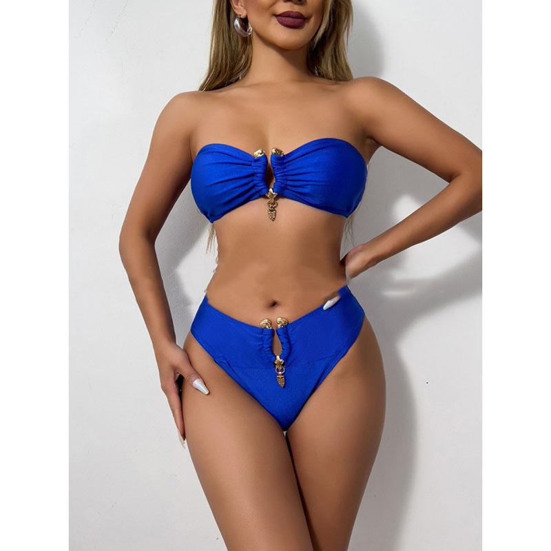 Женский сексуальный купальник-бандо без бретелек из 2 предметов, топ-труба и стринги с высокой талией, комплект бикини, однотонный пляжный купальный костюм