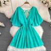 Summer Korean Hollowed-out Deep V-neck Waistband Show Thin Ruffle Sleeve A-line Seaside Holiday Beach Dress Vestidos