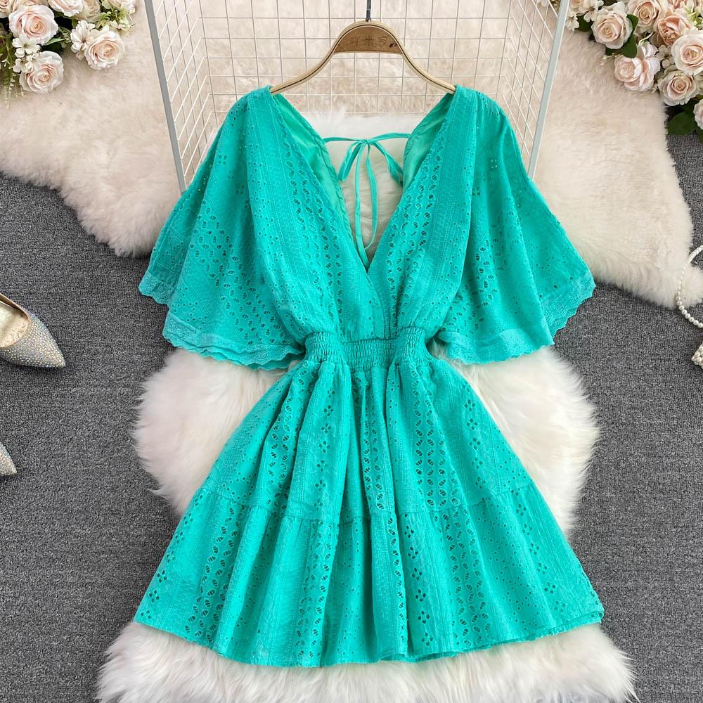 Summer Korean Hollowed-out Deep V-neck Waistband Show Thin Ruffle Sleeve A-line Seaside Holiday Beach Dress Vestidos