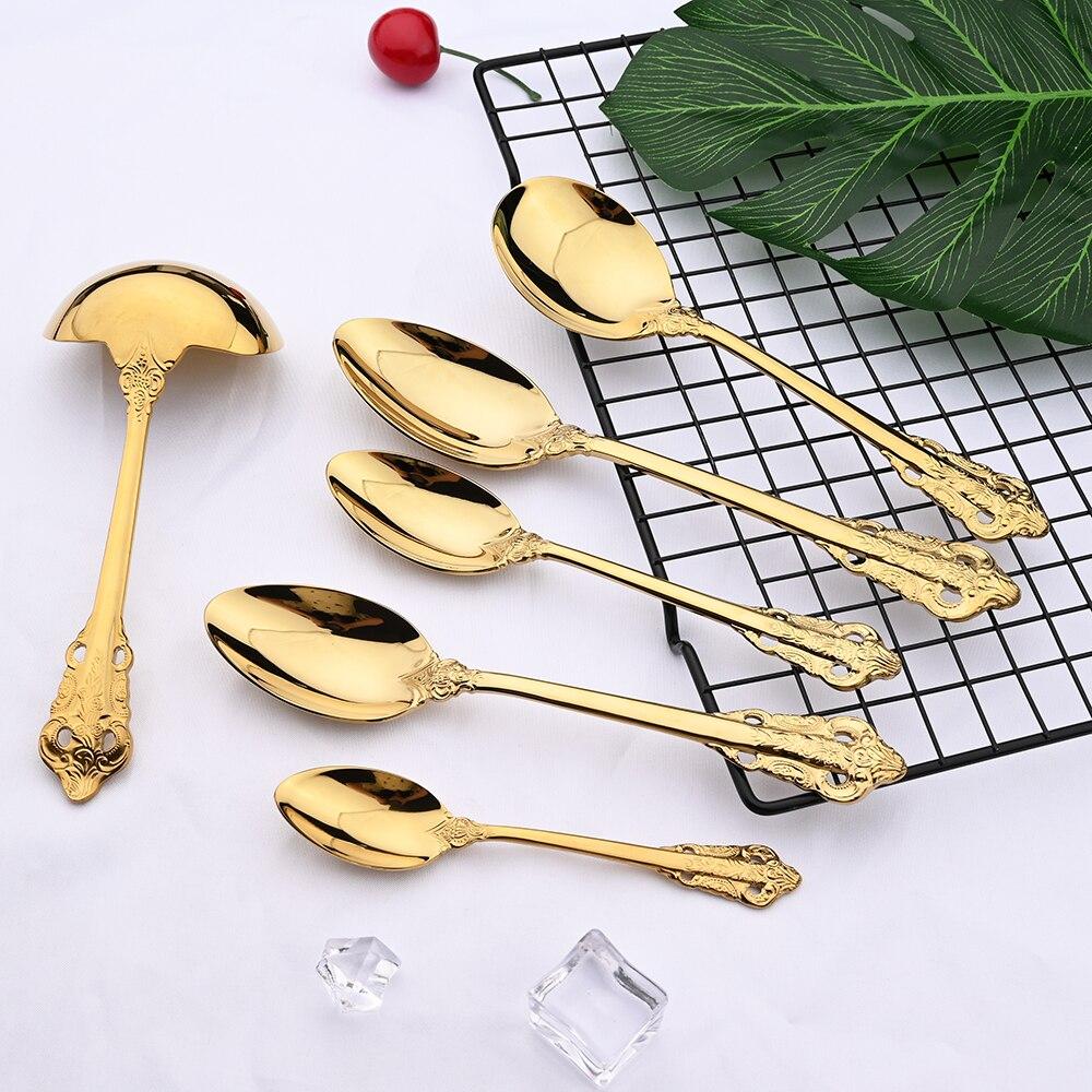 Gold Luxury Dinner Set Western Gold Plated Dinnerware Cutlery 18/10 Stainless Steel Vintage Kitchen Untensile Knife Fork Set