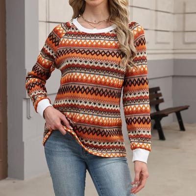 Женский топ с круглым вырезом, контрастного цвета, с длинным рукавом, с волнообразным цветочным принтом